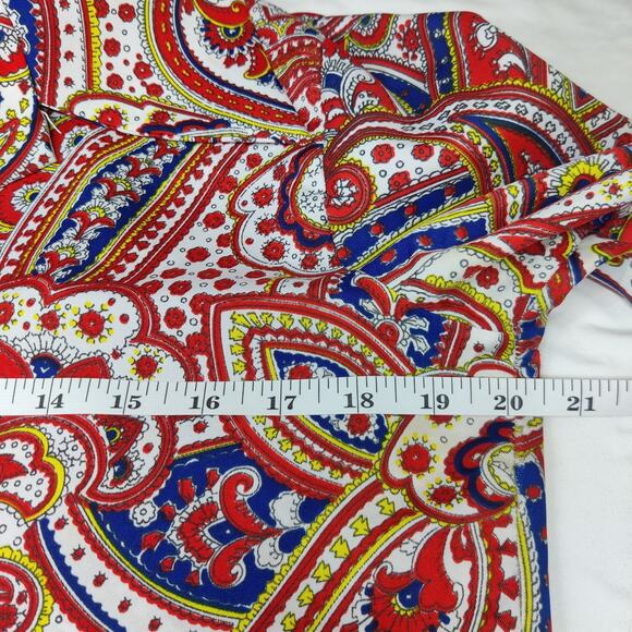 Vintage 70s LauraMae Red Blue Paisley Textured Polyester Disco Blouse Large Boho - Picture 8 of 9
